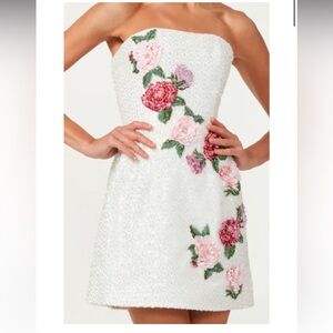 Strapless White Mini Dress with Pink Floral Embroidery
